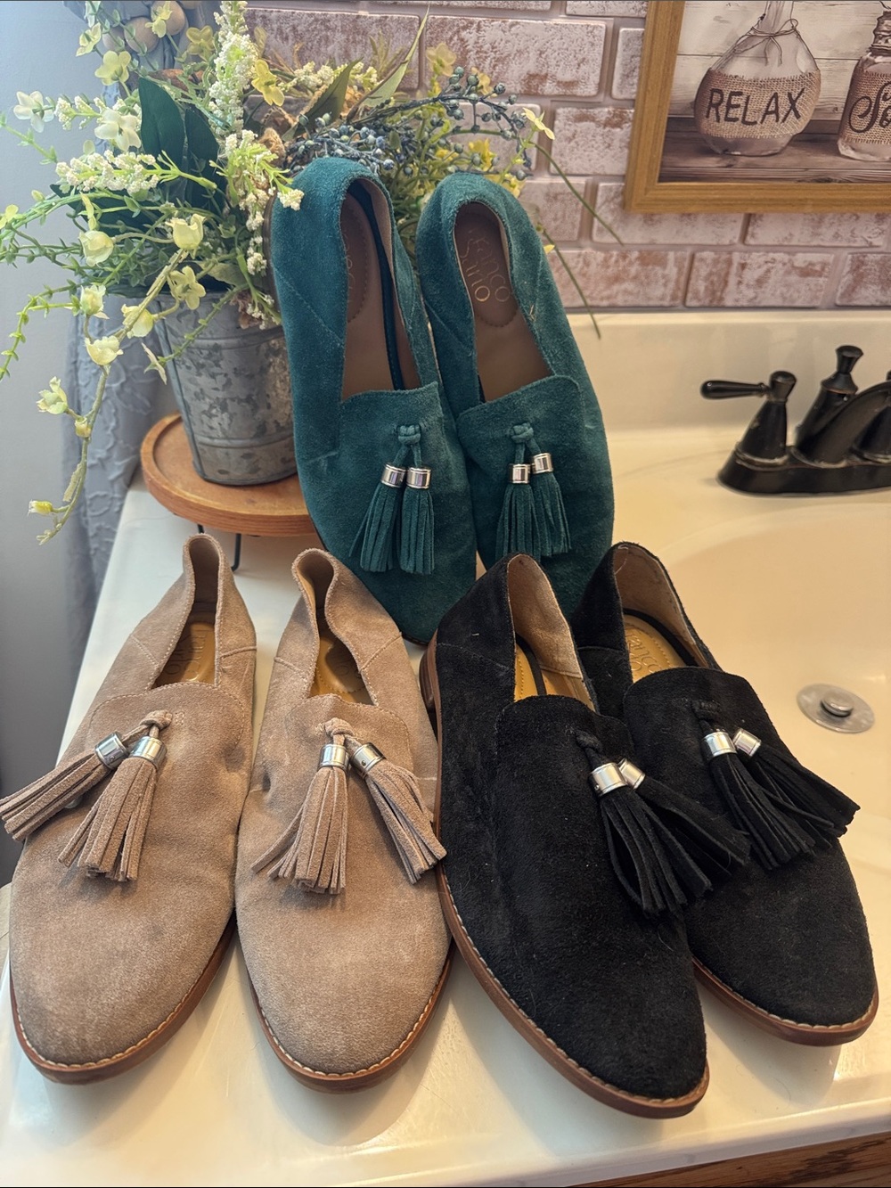 3 pairs!!!!!!Franco Sarto Teal, Black & Taupe Suede Tassel Loafers